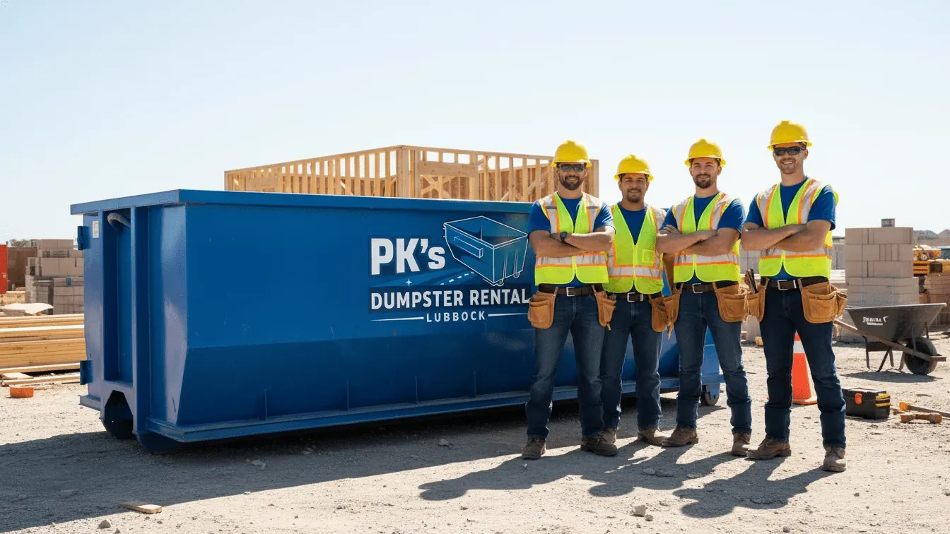 Roll-off dumpster on a residential construction site near Lubbock, TX