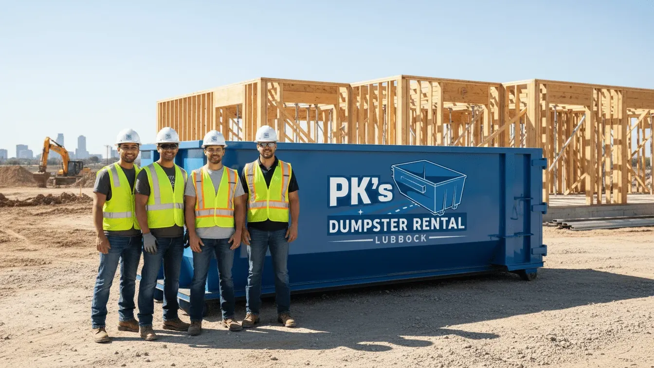 Demolition debris dumpster rental in Lubbock, Texas — roll-off container staged beside a detached garage teardown with mixed lumber, brick and roofing in the box Demolition debris dumpster rental in Lubbock, Texas — roll-off container staged beside a detached garage teardown with mixed lumber, brick and roofing in the box