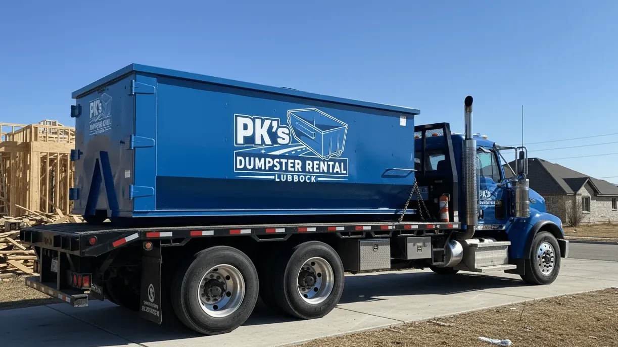 Driveway protection during dumpster delivery in Lubbock — protection boards under the container rails