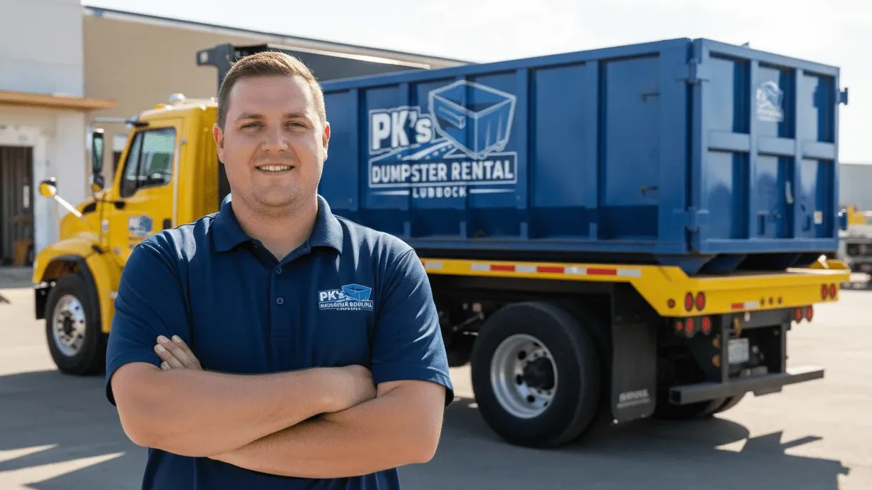 PK's Dumpster Rental driver talking a customer through container placement in Lubbock, TX