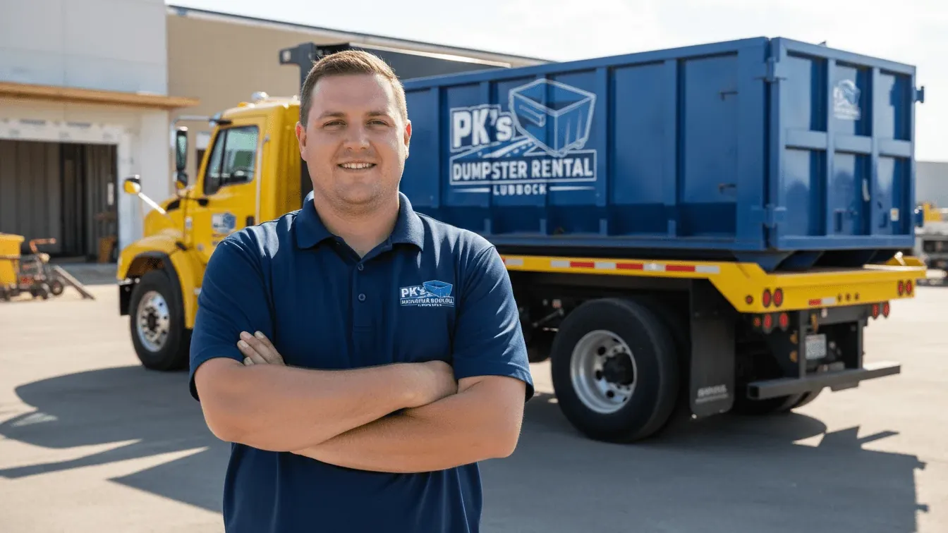 Dumpster rental cost in Lubbock, Texas — driver going over a flat-rate quote with a customer