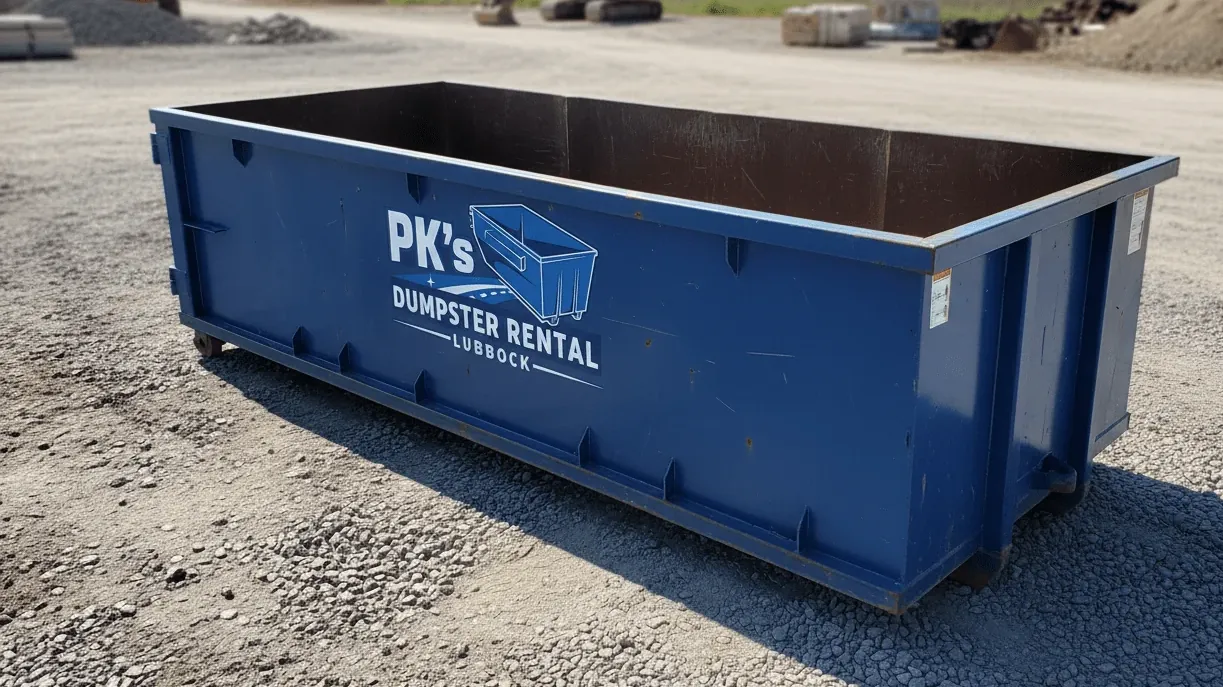 Estate cleanout checklist for Lubbock, Texas — roll-off container outside a family home being cleared