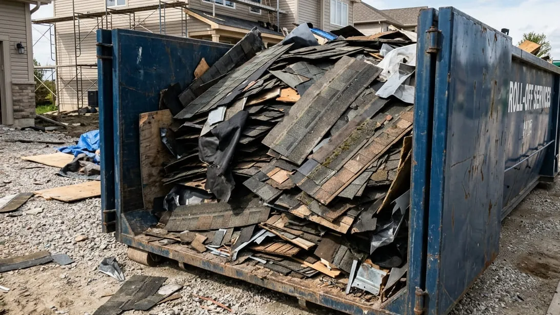 Hail and storm damage cleanup in Lubbock, Texas — container taking shingle, fascia and fence debris