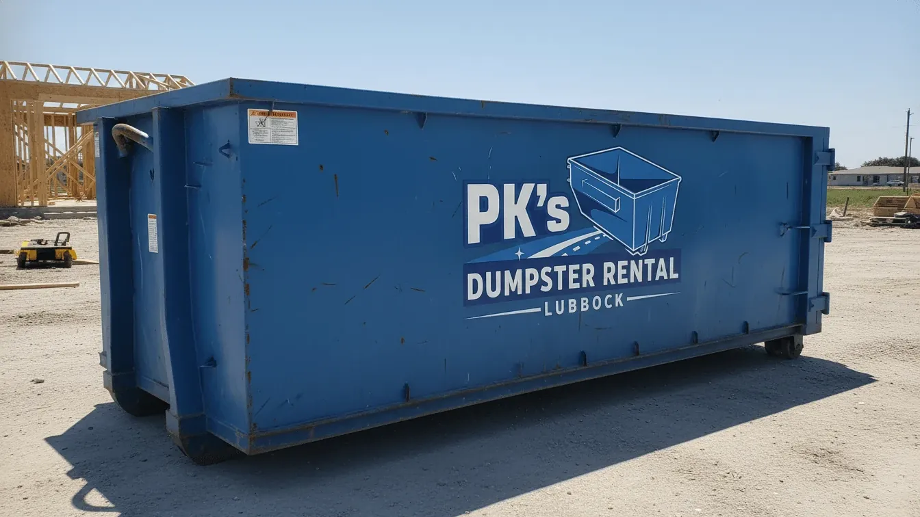 Residential dumpster rental in Lubbock, Texas — roll-off container on protection boards in the driveway of a slab-on-grade brick veneer house during a garage and attic cleanout Residential dumpster rental in Lubbock, Texas — roll-off container on protection boards in the driveway of a slab-on-grade brick veneer house during a garage and attic cleanout