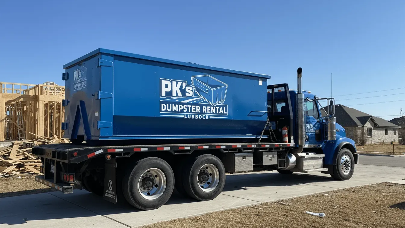 Roll-off truck delivering a 30 yard dumpster on a residential street in Lubbock, TX