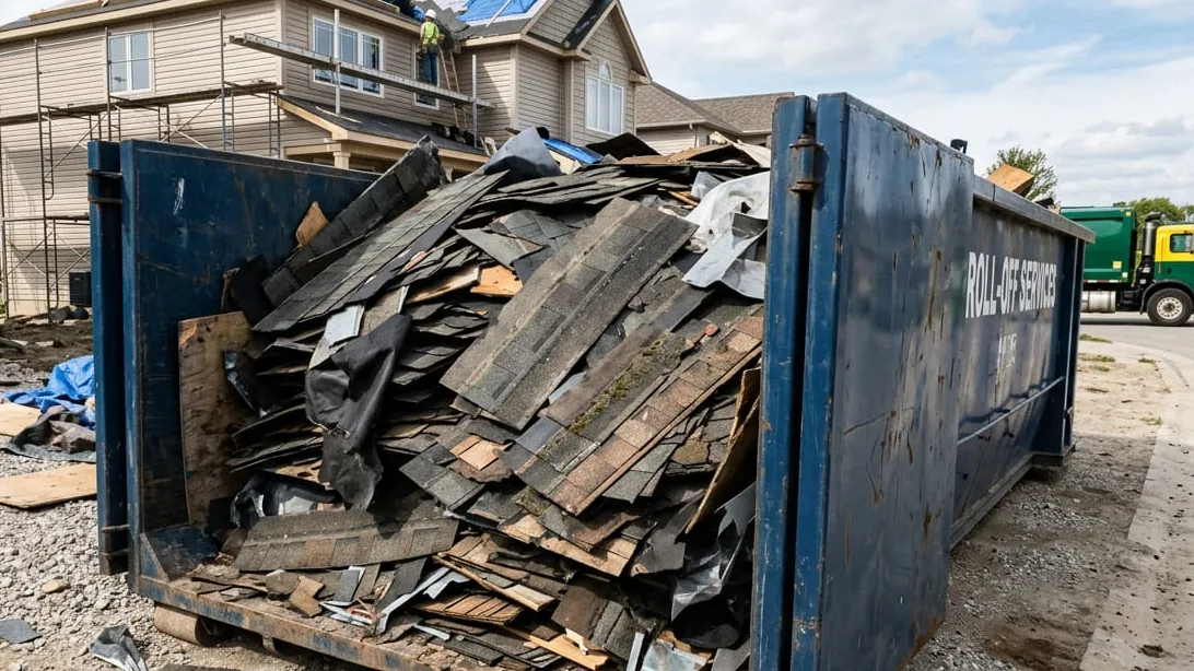Roofing tear-off dumpster in Lubbock, Texas — container sized by squares and layers after hail