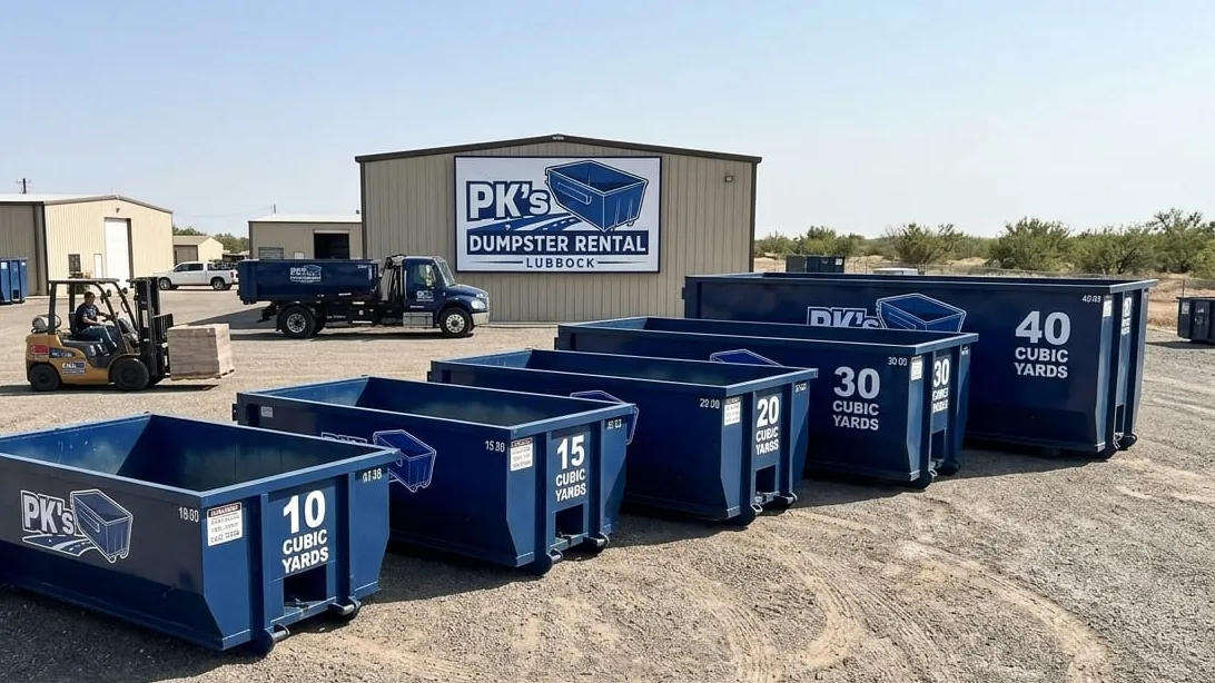 What size dumpster do I need in Lubbock — roll-off containers lined up by size at the yard